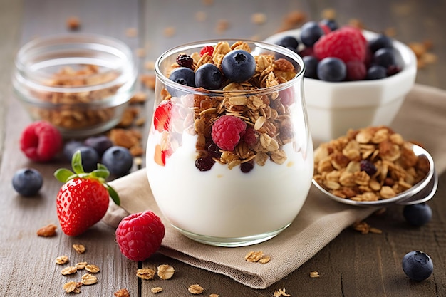 A bowl of granola with berries and granola on it