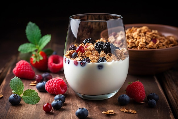 A bowl of granola with berries and granola on a wooden table