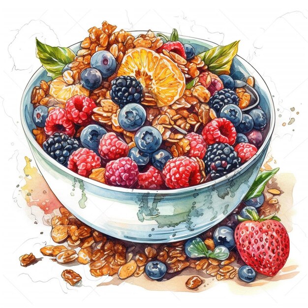 A bowl of granola with berries and granola.