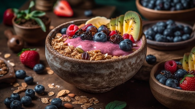 A bowl of granola with fruit on the top