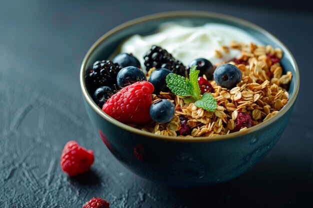 A bowl of granola with Greek yogurt and berries