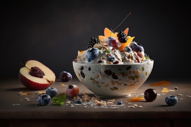 A bowl of granola on a wooden table with berries AI Generation