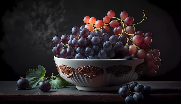 A bowl of grapes with a black background