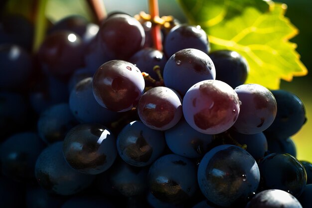 A bowl of grapes with a green leaf on the top