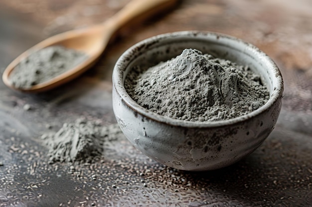 A bowl of gray magnesium powder with a wooden spoon on a rustic surface