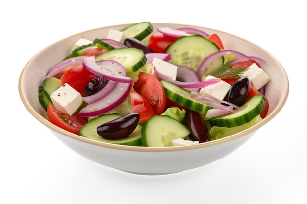 A bowl of greek salad with cucumber, red onion, and feta cheese.