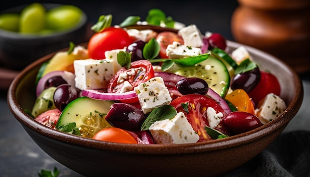 A bowl of greek salad with feta cheese and cucumber