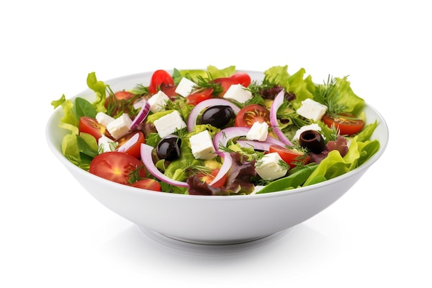 A bowl of greek salad with feta cheese and tomatoes.