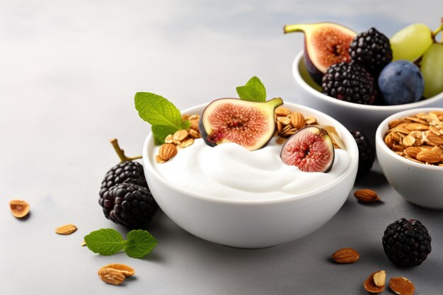 Bowl of Greek yogurt topped with granola figs berries and copy space Generative Ai