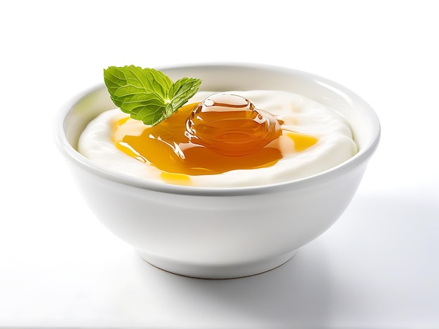 A bowl of Greek yogurt topped with honey on plain white bg