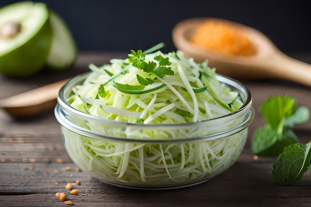 A bowl of green bean sprouts sits on a wooden table.