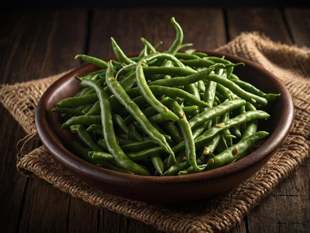 a bowl of green beans with a brown bowl of green beans