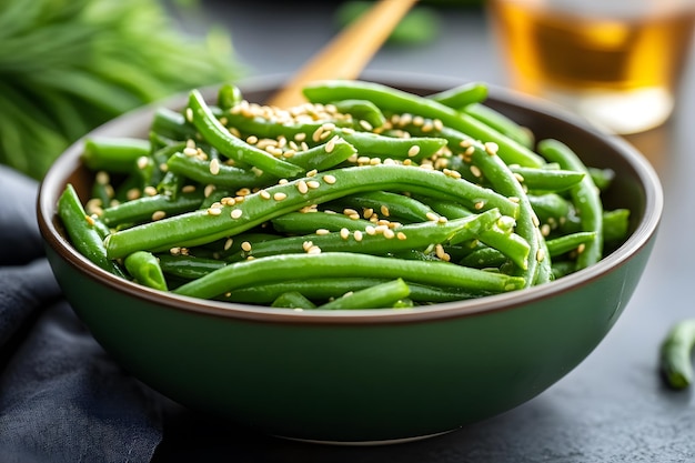 Photo a bowl of green beans with seeds and seeds on a table