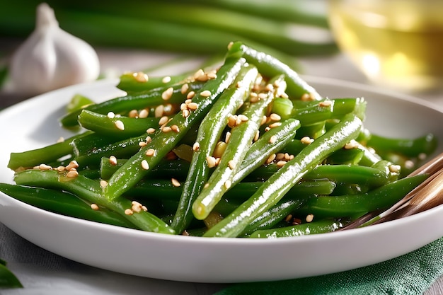 a bowl of green beans with sesame seeds and sesame seeds