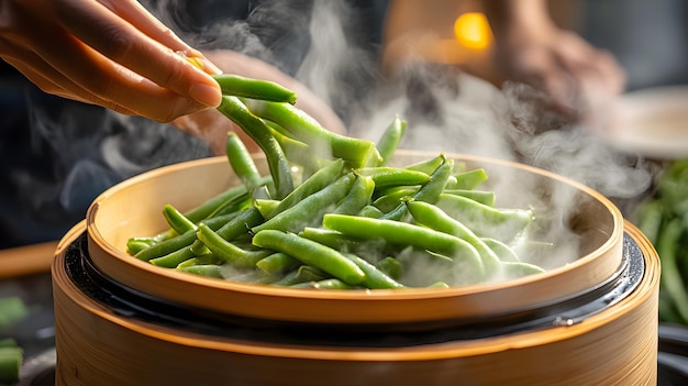 Photo a bowl of green beans with steam coming out of it