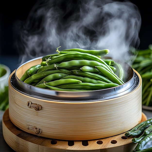 Photo a bowl of green beans with steam coming out of it