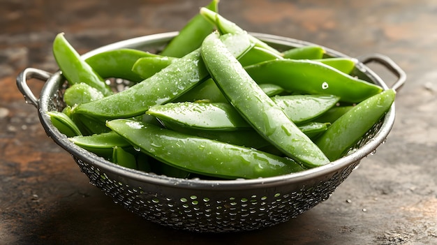 a bowl of green beans with a white dot on the side