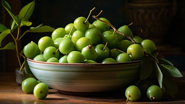 Bowl of green cherry plums in a ceramic bowl