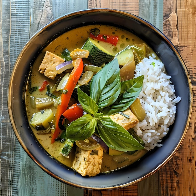 a bowl of green curry with rice and vegetables on it Thai food