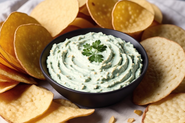 A bowl of green dip with a sprig of cilantro on top of it.