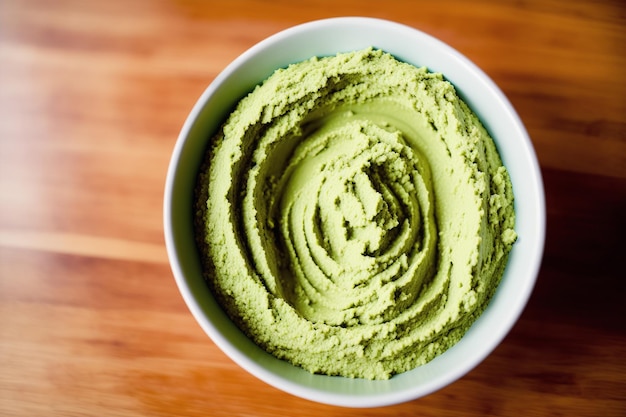 A bowl of green hummus on a wooden table.