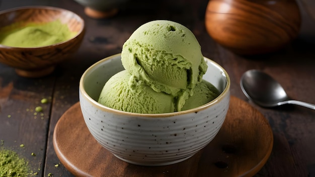 a bowl of green ice cream is sitting on a wooden surface