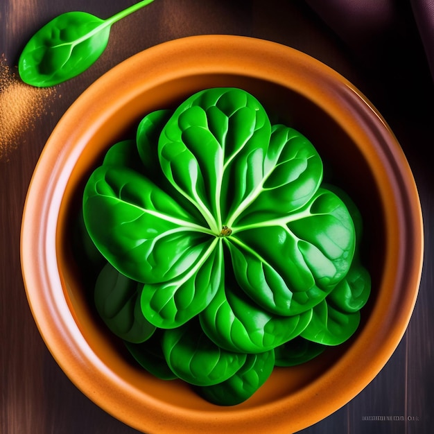 A bowl of green leafy vegetables with a purple cloth behind it.