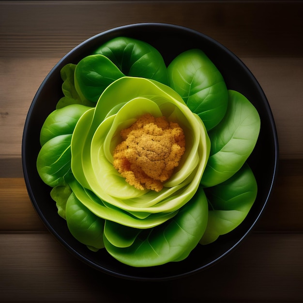 A bowl of green leafy vegetables with a yellow substance on top.