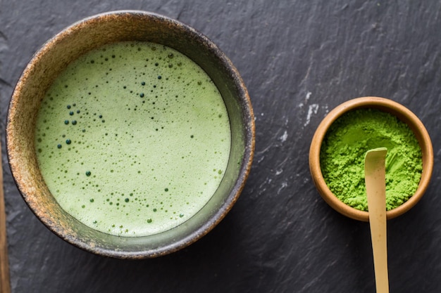 a bowl of green liquid and a bowl of green liquid with a green substance in it