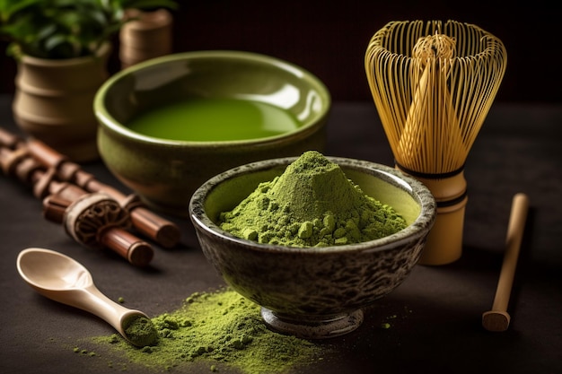 A bowl of green matcha powder sits next to a whisk and a whisk.