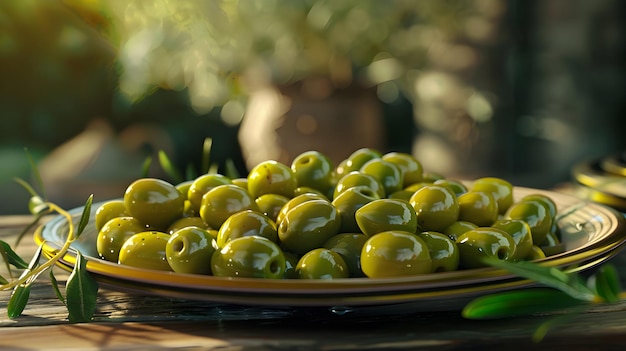 Photo a bowl of green olives is on a table