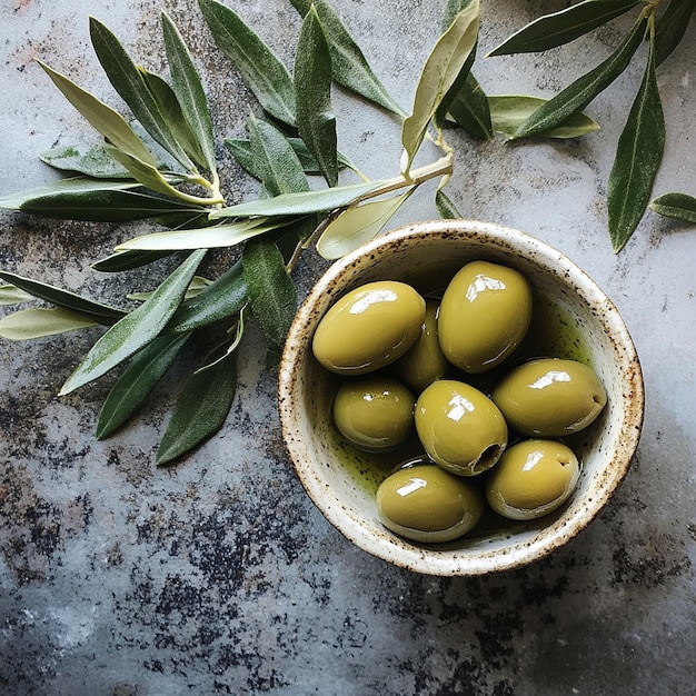 Photo a bowl of green olives with leaves on a table