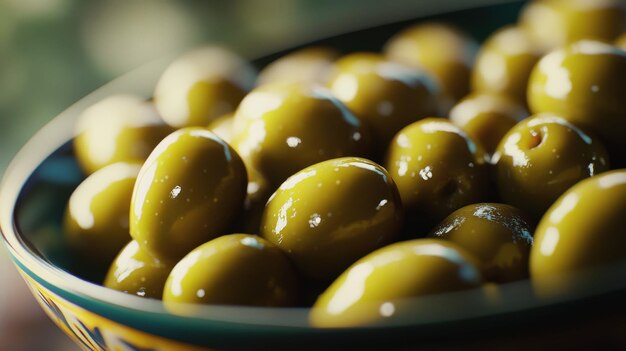 Photo a bowl of green olives with the word olives on it