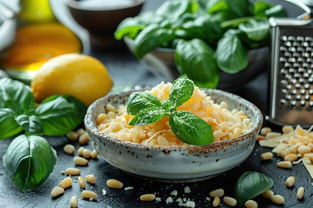 Photo a bowl of green pesto sits on a table with other bowls of food the table is covered in various ingredients including nuts cheese and herbs concept of abundance and variety