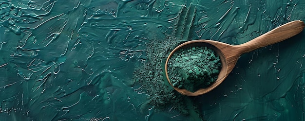 a bowl of green powder is in the water with a wooden spoon