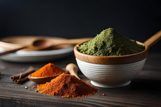 A bowl of green powder sits next to a bowl of powdered pistachios.