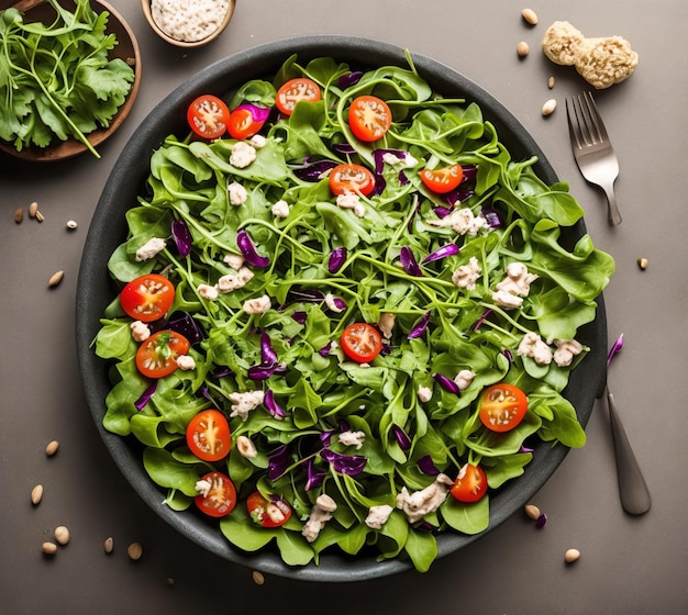 A bowl of green salad with red cabbage, red cabbage, and feta cheese.