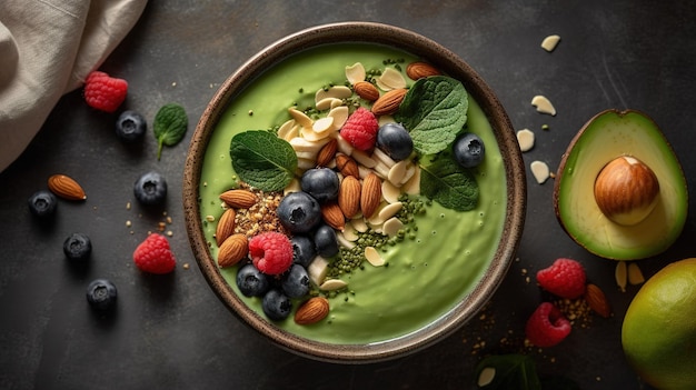 A bowl of green smoothie with almonds, almonds, almonds, and almonds