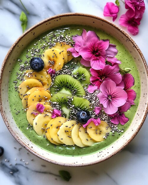 Photo a bowl of green smoothie with blueberries and kiwi slices