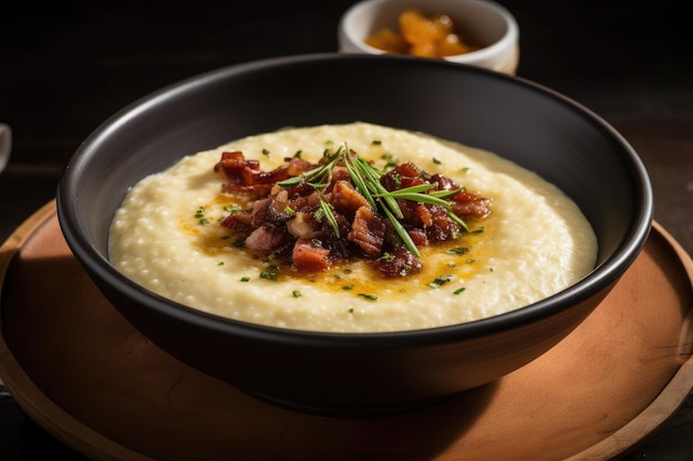 A bowl of grits with bacon and bacon on top