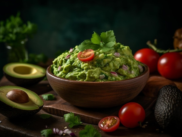 A bowl of guacamole sits on a wooden table with tomatoes and cilantro on the side.