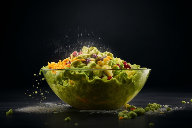 A bowl of guacamole with powdered sugar on the side