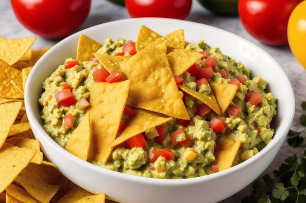 A bowl of guacamole with tortilla chips on the side.