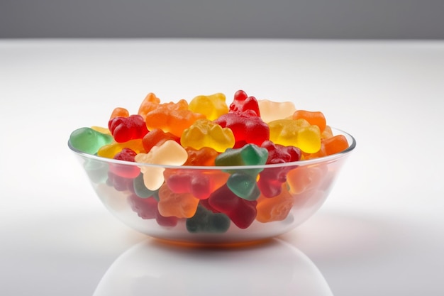 A bowl of gummy bears sits on a table.