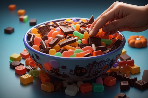 A bowl of Halloween candy filled with chocolate