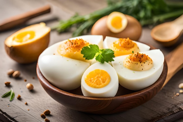 a bowl of hard boiled eggs with an orange slice on top.