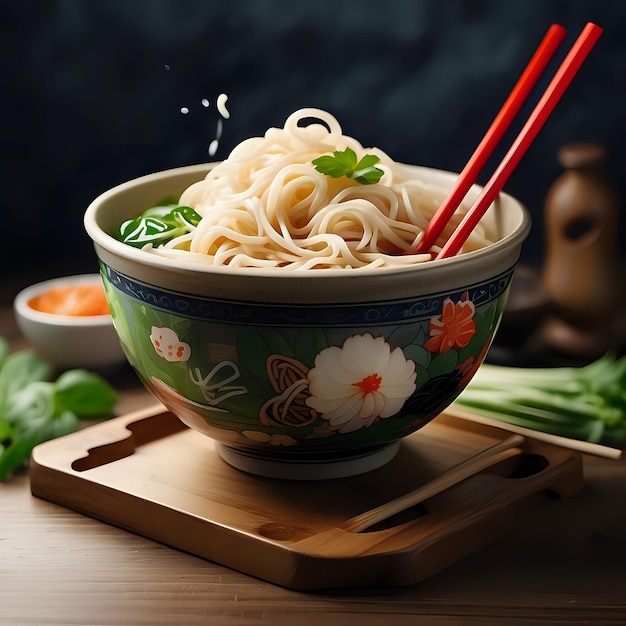 Bowl of healthy asian vegetable noodle soup with Chopsticks