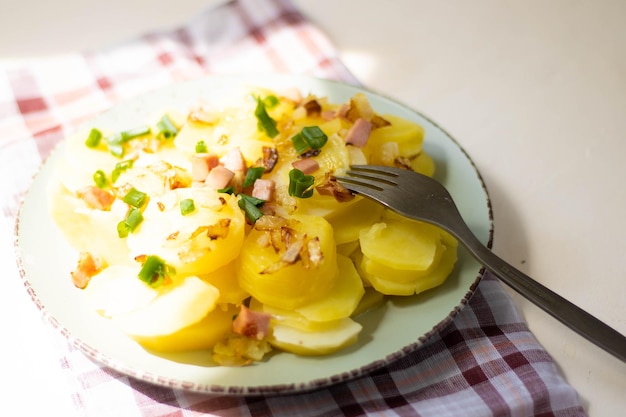 Bowl of healthy vegetarian food Potato salad with parsley dill and olive oil