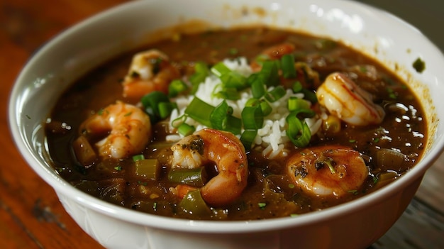 Photo a bowl of hearty shrimp gumbo with white rice and green onions