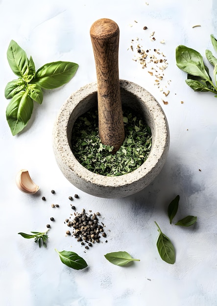 a bowl of herbs and spices with a spoon in it